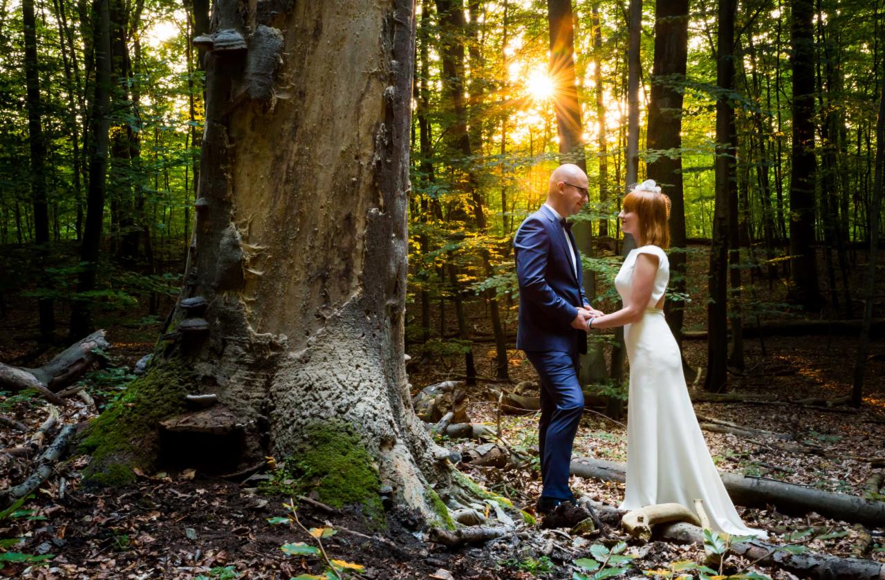 Para trzymająca się za ręce w leśnej scenerii, mężczyzna w granatowym garniturze, kobieta w białej sukni, promienie słoneczne przebijają przez drzewa.