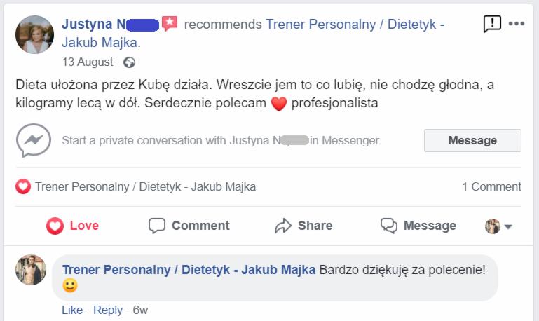 Zrzut ekranu z Facebooka przedstawiający rekomendację usług trenera personalnego i dietetyka Jakuba Majka, z pozytywną opinią klientki o diecie i efektach, oraz podziękowaniem od trenera.