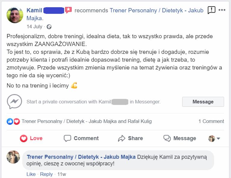 Zrzut ekranu z Facebooka przedstawiający rekomendację trenera personalnego i dietetyka Jakuba przez klienta Kamila, podkreślający profesjonalizm, dobre treningi, idealną dietę i zaangażowanie.
