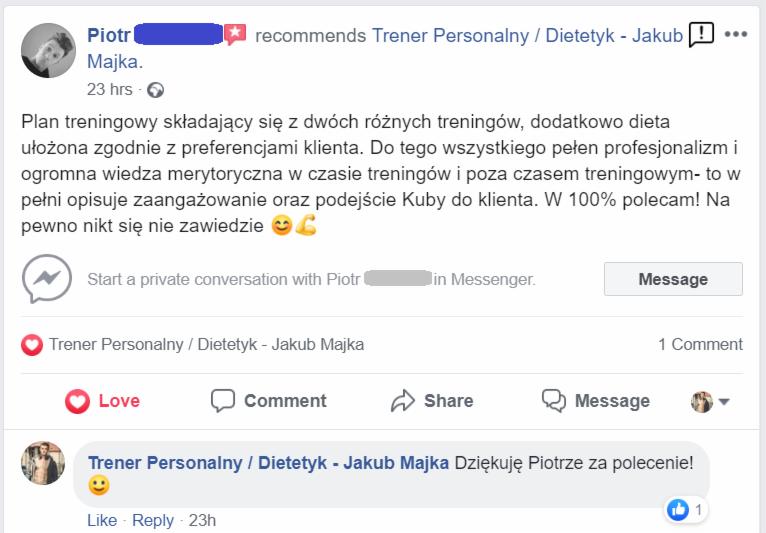 Zrzut ekranu z rekomendacją usług trenera personalnego i dietetyka, zawierający pozytywną opinię klienta o planie treningowym i diecie dostosowanej do jego preferencji, podkreślający profesjonalizm...