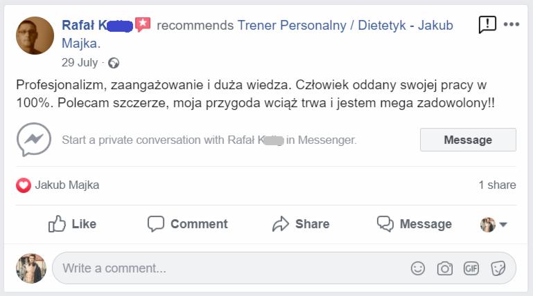 Zrzut ekranu z Facebooka przedstawiający rekomendację trenera personalnego/dietetyka Jakuba Majka przez Rafała K. z pozytywnym komentarzem dotyczącym profesjonalizmu, zaangażowania i wiedzy.