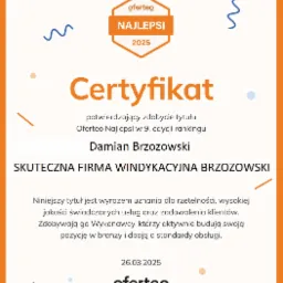 Certyfikat Oferteo Najlepsi 2025 dla firmy Damian Brzozowski SKUTECZNA FIRMA WINDYKACYJNA BRZOZOWSKI, potwierdzający zdobycie tytułu w 9 edycji rankingu, z datą 26.03.2025 i logo Oferteo.