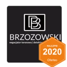 Logo firmy Brzozowski: stylizowana litera B w kwadracie na czarnym tle, pod nią nazwa firmy i opis 'negocjator terenowy | detektyw', obok pomarańczowa naklejka 'Najlepsi Oferteo 2020'.