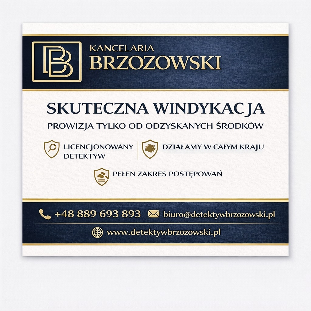 Elegancka wizytówka Kancelarii Brzozowski z hasłem 'Skuteczna Windykacja', informacją o prowizji od odzyskanych środków i kontaktem. Zawiera logo i ikony detektywa.
