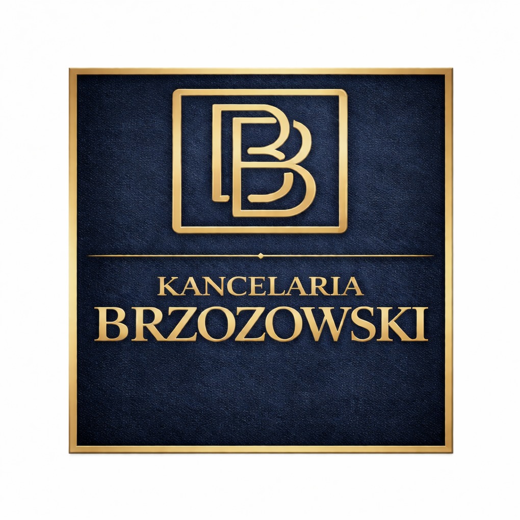 Elegancki szyld w kolorze granatowym ze złotym obramowaniem i logotypem 'B' dla Kancelarii Brzozowski, prezentujący profesjonalizm i wysoką jakość usług.