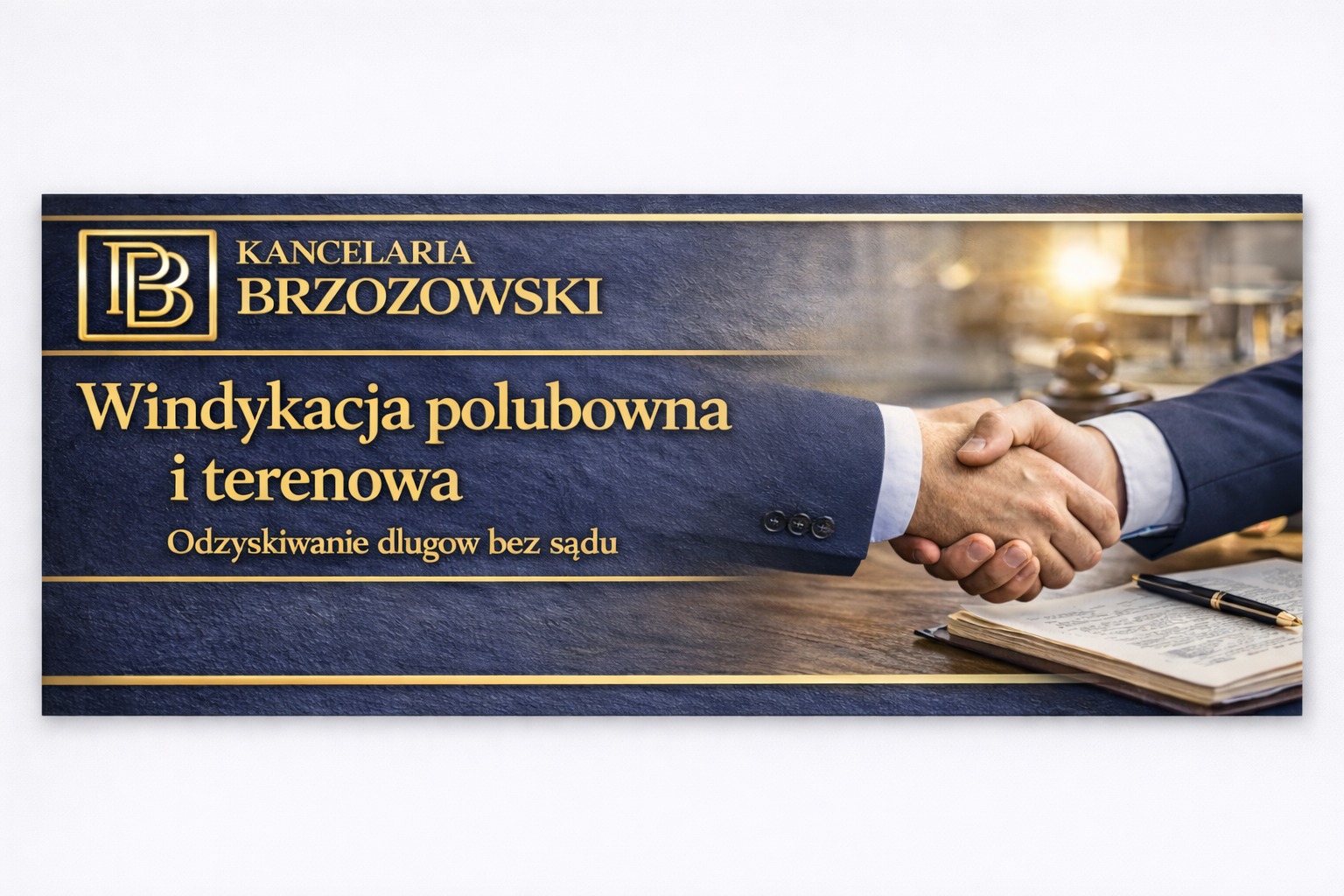 Grafika: Uścisk dłoni na tle biura, symbolizujący polubowną windykację długów przez Kancelarię Brzozowski. Odzyskiwanie długów bez drogi sądowej.