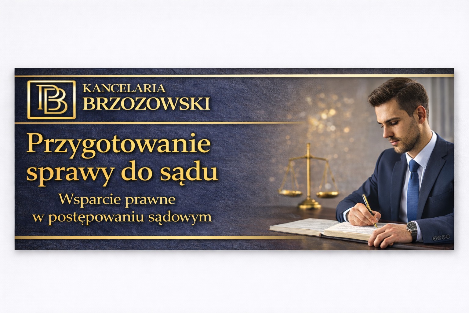 Baner Kancelarii Brzozowski z hasłem 'Przygotowanie sprawy do sądu'. Prawnik w garniturze sporządza notatki, w tle waga sprawiedliwości.
