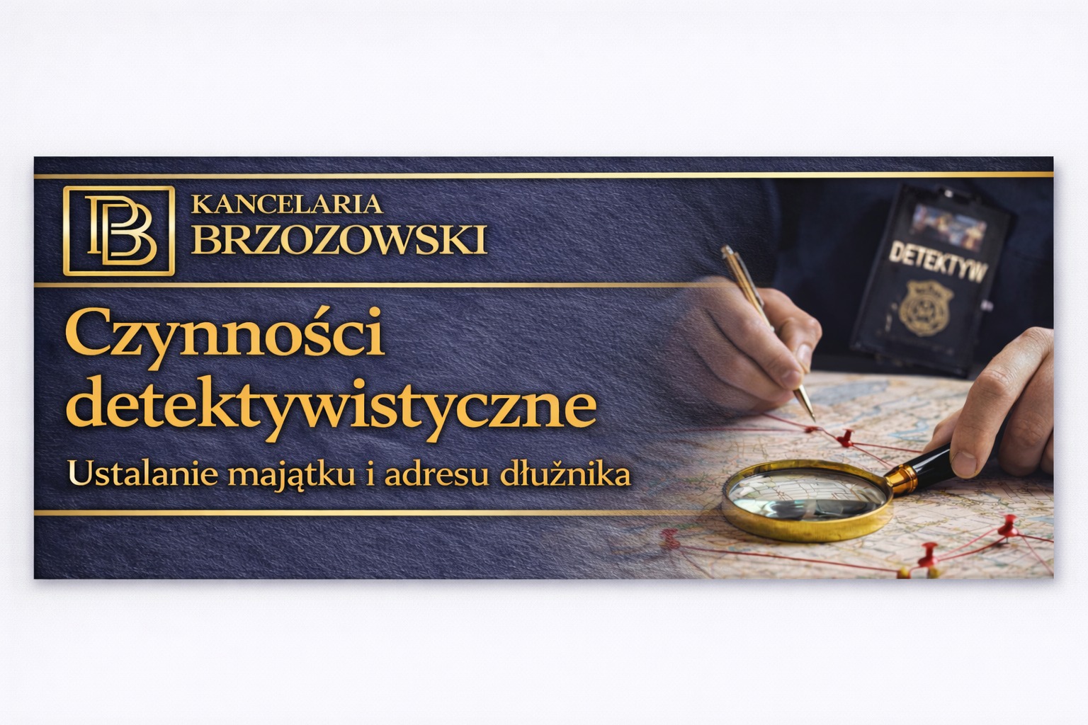 Baner Kancelarii Brzozowski z hasłem 'Czynności detektywistyczne. Ustalanie majątku i adresu dłużnika'. W tle mapa, lupa i odznaka detektywa.