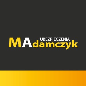 Logo firmy ubezpieczeniowej: żółto-biały napis 'MAdamczyk UBEZPIECZENIA' na ciemnoszarym tle, z żółtym paskiem u dołu.