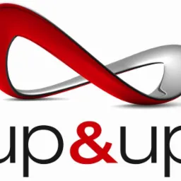 Logo firmy 'up&up' z symbolem nieskończoności w kolorach czerwonym i srebrnym na białym tle.