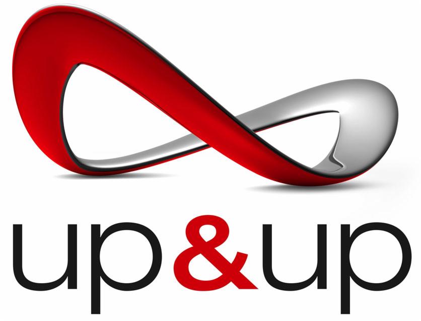 Logo firmy 'up&up' z symbolem nieskończoności w kolorach czerwonym i srebrnym na białym tle.