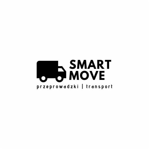 Czarne logo firmy Smart Move z ikoną ciężarówki, oferującej usługi transportowe i  przewozowe.