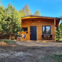 Niewielki, parterowy domek z drewna, z ciemnymi oknami i drzwiami, oświetlony trzema żarówkami na kablu, otoczony sosnami i ziemią pokrytą igliwiem.