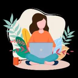 Ilustracja wektorowa przedstawiająca osobę siedzącą po turecku z laptopem na kolanach, otoczoną stylizowanymi liśćmi i kubkiem.