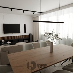 Metamorfoza mieszkania w bloku z wielkiej płyty w Pszczynie | Salon z jadalnią | Styl nowoczesny, minimalistyczny 