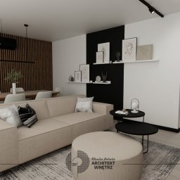 Metamorfoza mieszkania w bloku z wielkiej płyty w Pszczynie | Salon z jadalnią | Styl nowoczesny, minimalistyczny 
