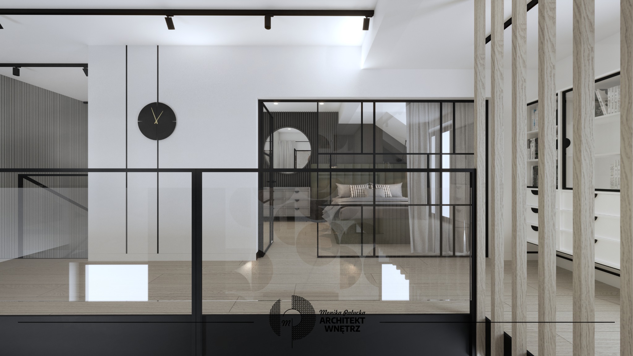 Nowoczesna sypialnia za przeszkloną ścianą z czarnymi ramami, widoczna z korytarza z drewnianymi lamelami i czarnym zegarem na białej ścianie, w tle szafa z książkami i szufladami.
