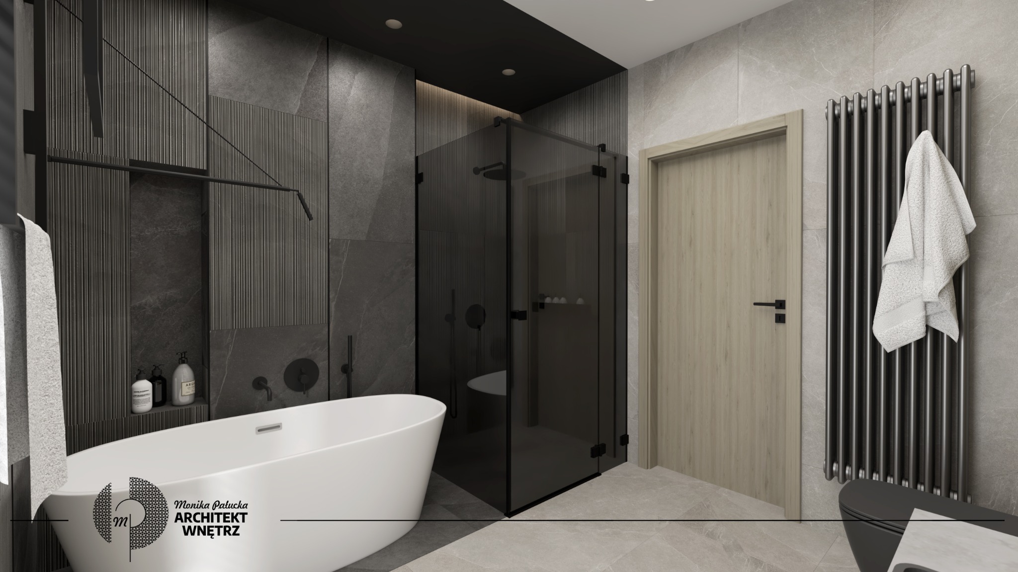 Nowoczesna łazienka w odcieniach szarości z wolnostojącą białą wanną, kabiną prysznicową typu walk-in z czarnymi ramami, grzejnikiem drabinkowym z powieszonym białym ręcznikiem oraz elementami...