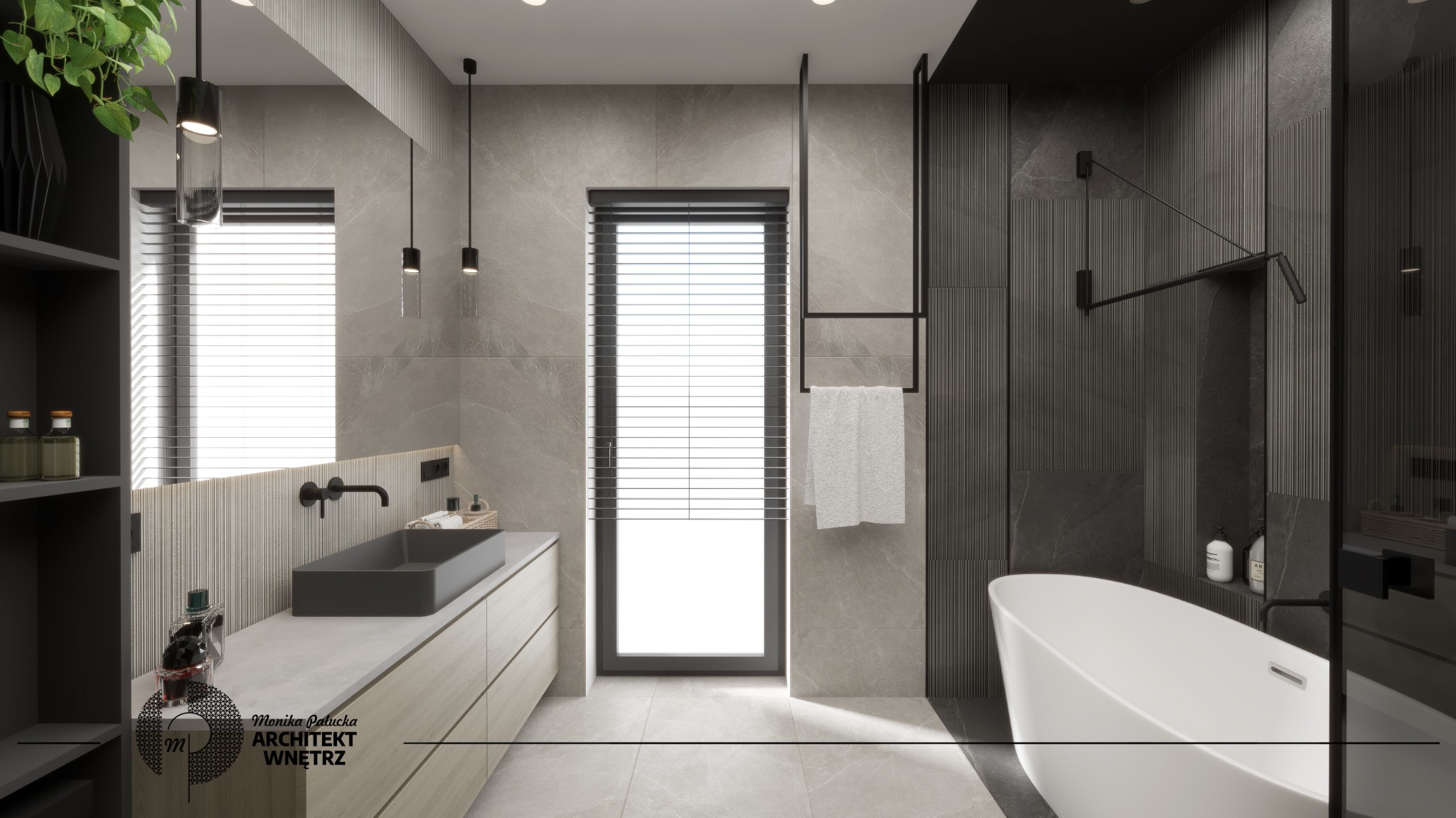 Nowoczesna łazienka w domu jednorodzinnym w Tychach: minimalistyczna umywalka w kolorze czarnym na szafce z drewnopodobnymi frontami, wiszące lampy, okno z żaluzjami, wolnostojąca wanna oraz czarne...