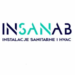 Logo firmy INSANAB z napisem INSTALACJE SANITARNE I HVAC w kolorach granatowym i turkusowym na białym tle.