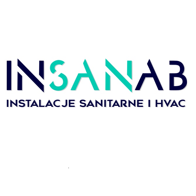 Logo firmy INSANAB z napisem INSTALACJE SANITARNE I HVAC w kolorach granatowym i turkusowym na białym tle.