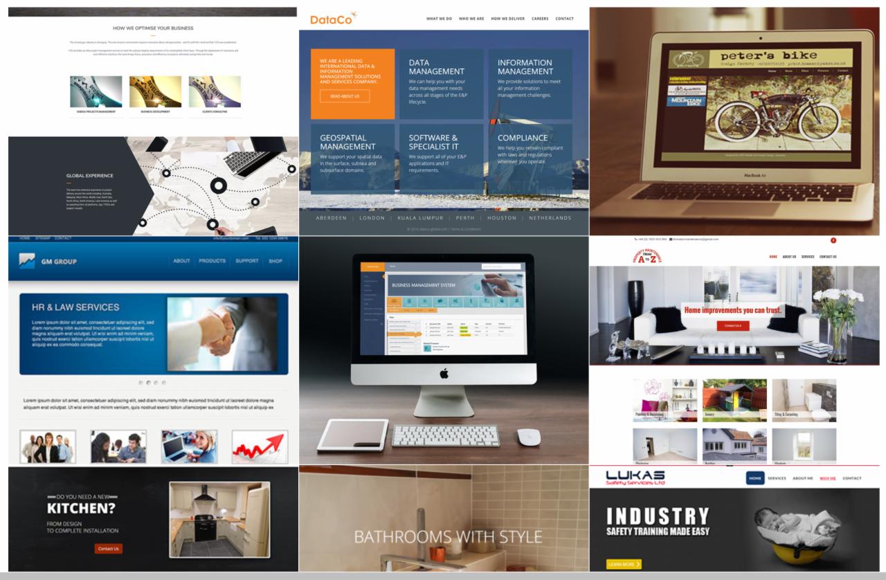 Kompozycja różnych stron internetowych z branży IT, prawa, bezpieczeństwa i remontów, prezentowanych na ekranach laptopów i monitorów, z uwzględnieniem elementów interfejsu użytkownika i treści...
