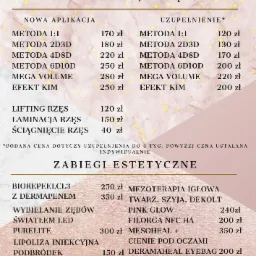 Cennik usług kosmetycznych i zabiegów estetycznych, obejmujący stylizację rzęs, lifting, laminację, zabiegi na ciało, mezoterapię i wybielanie zębów, na tle imitującym marmur.