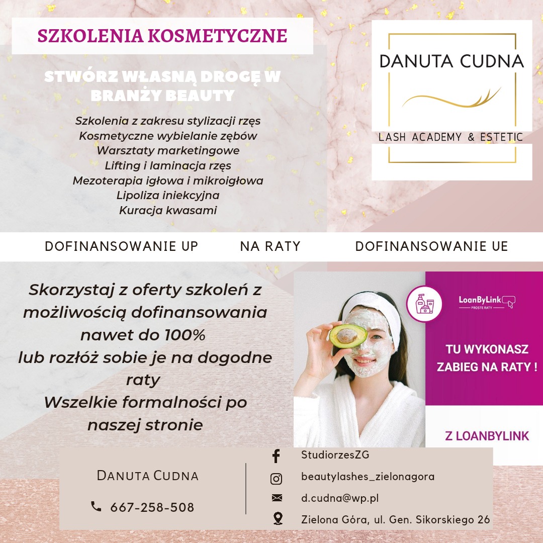 Ogłoszenie szkoleń kosmetycznych Danuta Cudna Lash Academy & Estetic z ofertą dofinansowania i rat. Na zdjęciu kobieta z maseczką na twarzy i awokado przy oku.