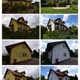 Kolaż prezentujący dom przed i po odświeżeniu elewacji, z widoczną różnicą w kolorystyce i czystości, ukazujący efekt renowacji.