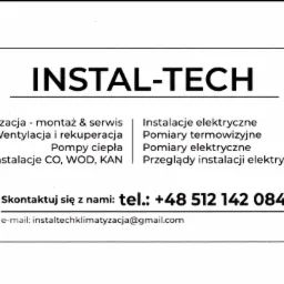 Wizytówka firmy Instal-Tech oferującej montaż i serwis klimatyzacji, wentylacji, pomp ciepła, instalacji CO, WOD, KAN oraz instalacji elektrycznych, pomiarów termowizyjnych i przeglądów instalacji...