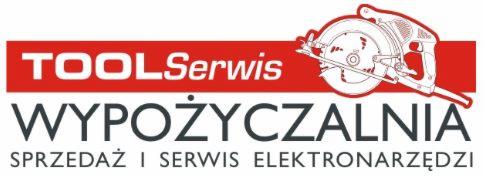 Logo firmy ToolSerwis: czerwony prostokąt z napisem 'TOOLSerwis', poniżej 'WYPOŻYCZALNIA' i 'SPRZEDAŻ I SERWIS ELEKTRONARZĘDZI', obok zarys piły tarczowej.