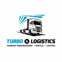 Logo firmy Turbo Logistics z graficzną reprezentacją ciężarówki z naczepą, stylizowane promienie w górnej części i hasło: transport międzynarodowy, spedycja, logistyka.