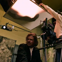 Plan filmowy z aktorem w kostiumie i operatorem oświetlenia, kamera na statywie, widoczny reflektor i ekran dyfuzyjny.