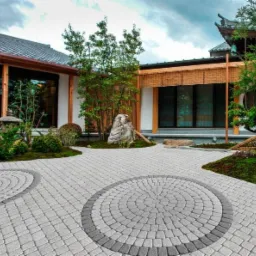 Dziedziniec w stylu japońskim z okrągłymi wzorami z szarej nawierzchni, otoczony zielenią i elementami architektury orientalnej, w tle budynki z drewnianymi detalami.