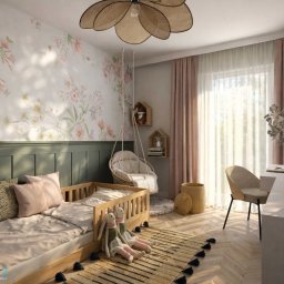 Studio Metr Na 2 - Projektowanie Wnętrz i Mebli - Pokój dziecięcy z drewnianym łóżkiem, huśtawką wiszącą i ścianą w kwiaty. Naturalne materiały i stonowana kolorystyka tworzą przytulną przestrzeń.