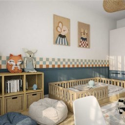 Studio Metr Na 2 - Projektowanie Wnętrz i Mebli - Pokój dziecięcy w pastelowych barwach: drewniane łóżko z barierkami, regał z zabawkami, pufy i dywan z motywem ulic. Uwagę przykuwają grafiki zwierząt na ścianie.
