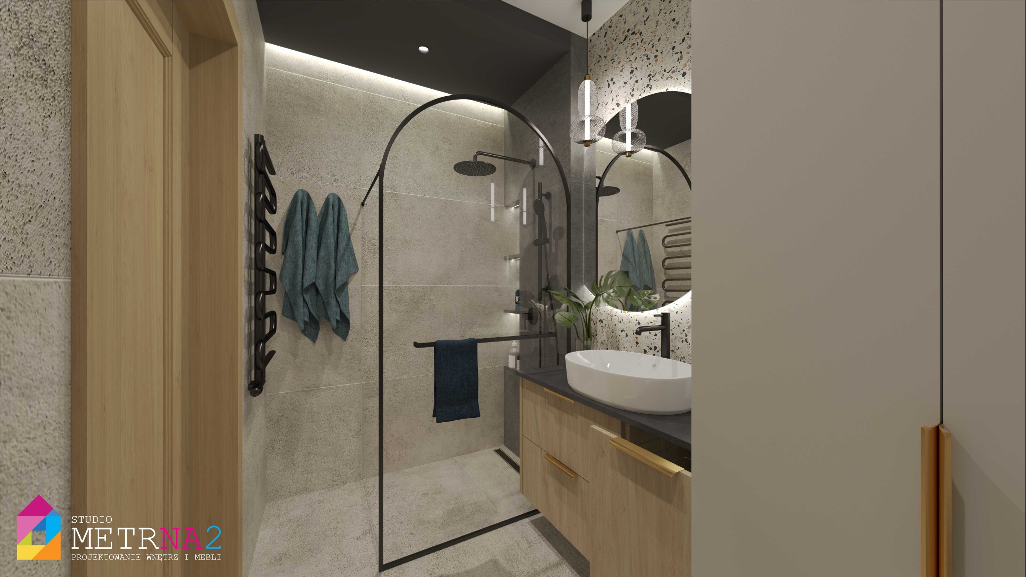 Nowoczesna łazienka z kabiną typu walk-in, umywalką nablatową i okrągłym lustrem z podświetleniem LED. Uwagę zwraca czarna armatura i minimalistyczny design.