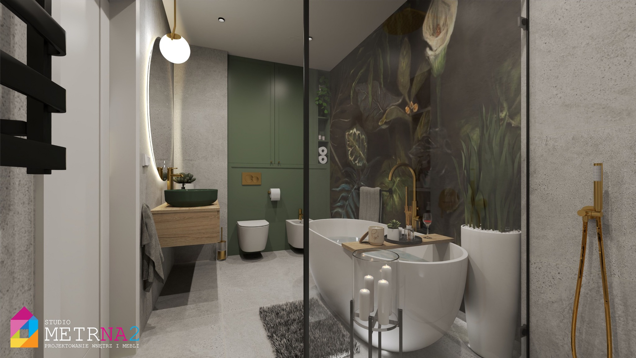 Wizualizacja łazienki z wanną na tle ściany z motywem roślinnym, umywalką w kolorze butelkowej zieleni i okrągłym lustrem z podświetleniem LED.