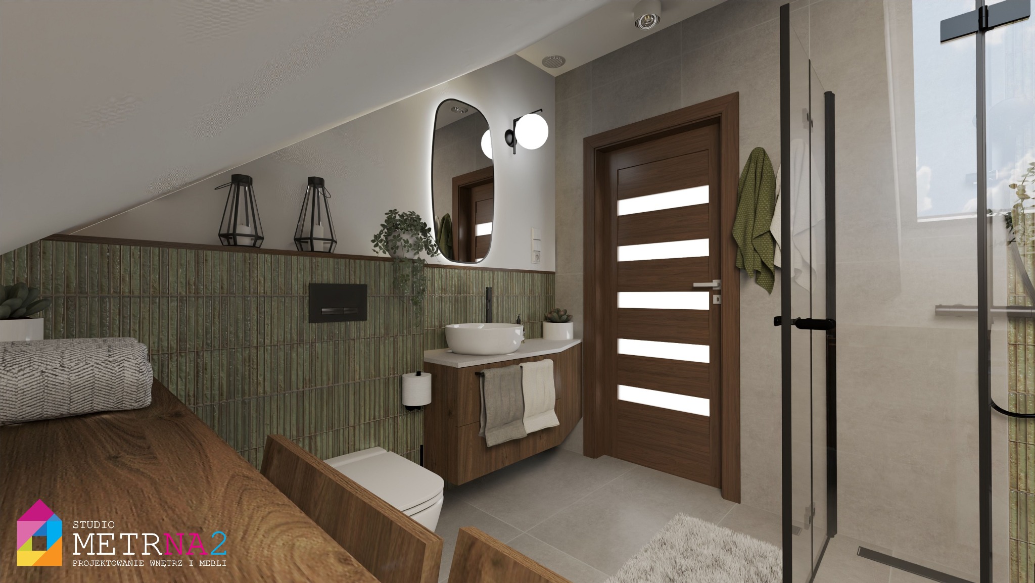 Wizualizacja łazienki na poddaszu z zielonymi płytkami, drewnianymi akcentami i owalnym lustrem z podświetleniem. Kabina prysznicowa ze szklanymi drzwiami.
