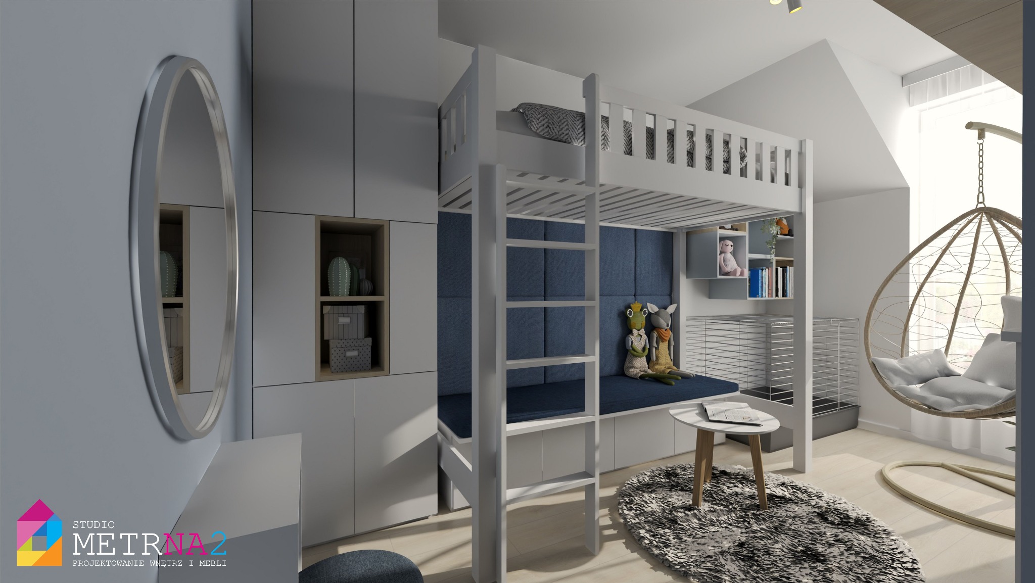 Pokój dziecięcy z łóżkiem piętrowym, szafą w zabudowie i wiszącym fotelem. Stonowana kolorystyka i miękki dywan. Projekt METRA2.