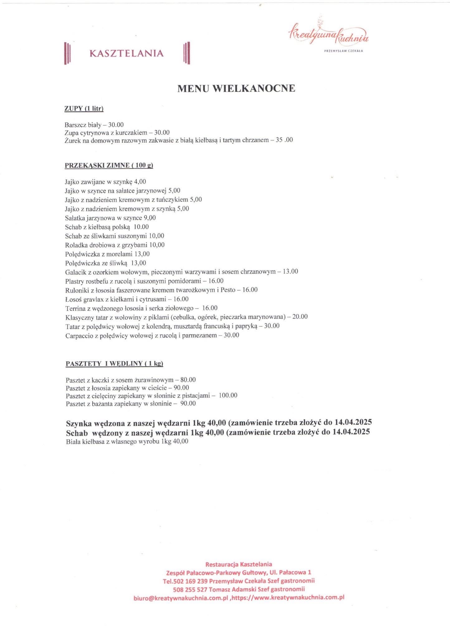 Menu wielkanocne restauracji Kasztelania z ofertą dań, cenami i terminem składania zamówień do 14.04.2025, zawierające zupy, przekąski zimne, pasztety i wędliny.