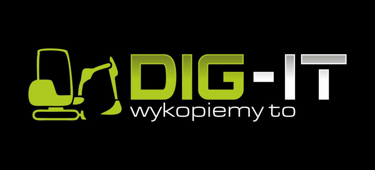 Logo firmy DIG-IT z zieloną grafiką minikoparki i napisem 'wykopiemy to' na czarnym tle.