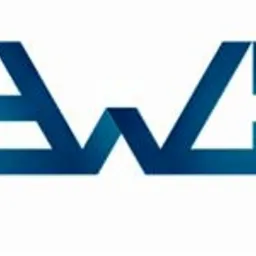 Niebieskie logo firmy z geometrycznym motywem litery W, na białym tle. Litery A, W, C tworzą spójny, nowoczesny znak graficzny. Minimalistyczny design.