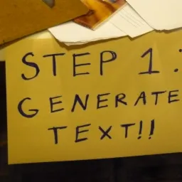 Żółta kartka z napisem 'STEP 1: GENERATE TEXT!!' napisanym ręcznie ciemnoniebieskim markerem, leżąca na stole z innymi kartkami i przedmiotami w tle.