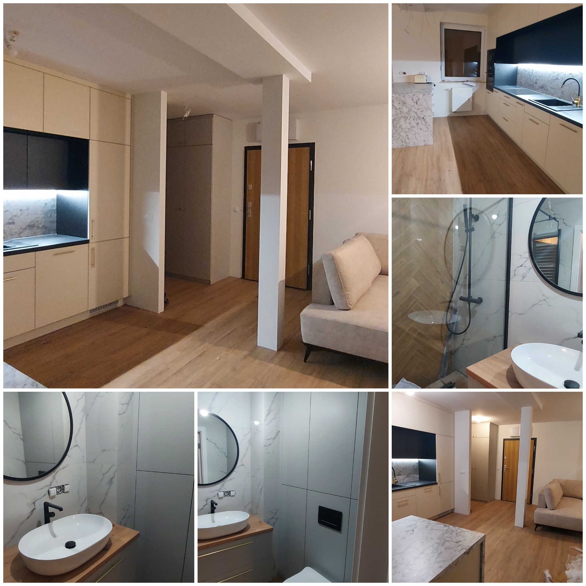 Wnętrze mieszkania po remoncie: kuchnia z beżowymi szafkami i czarnym blatem, łazienka z umywalką nablatową i lustrem w czarnej ramie, salon z beżową sofą i drewnianą podłogą.