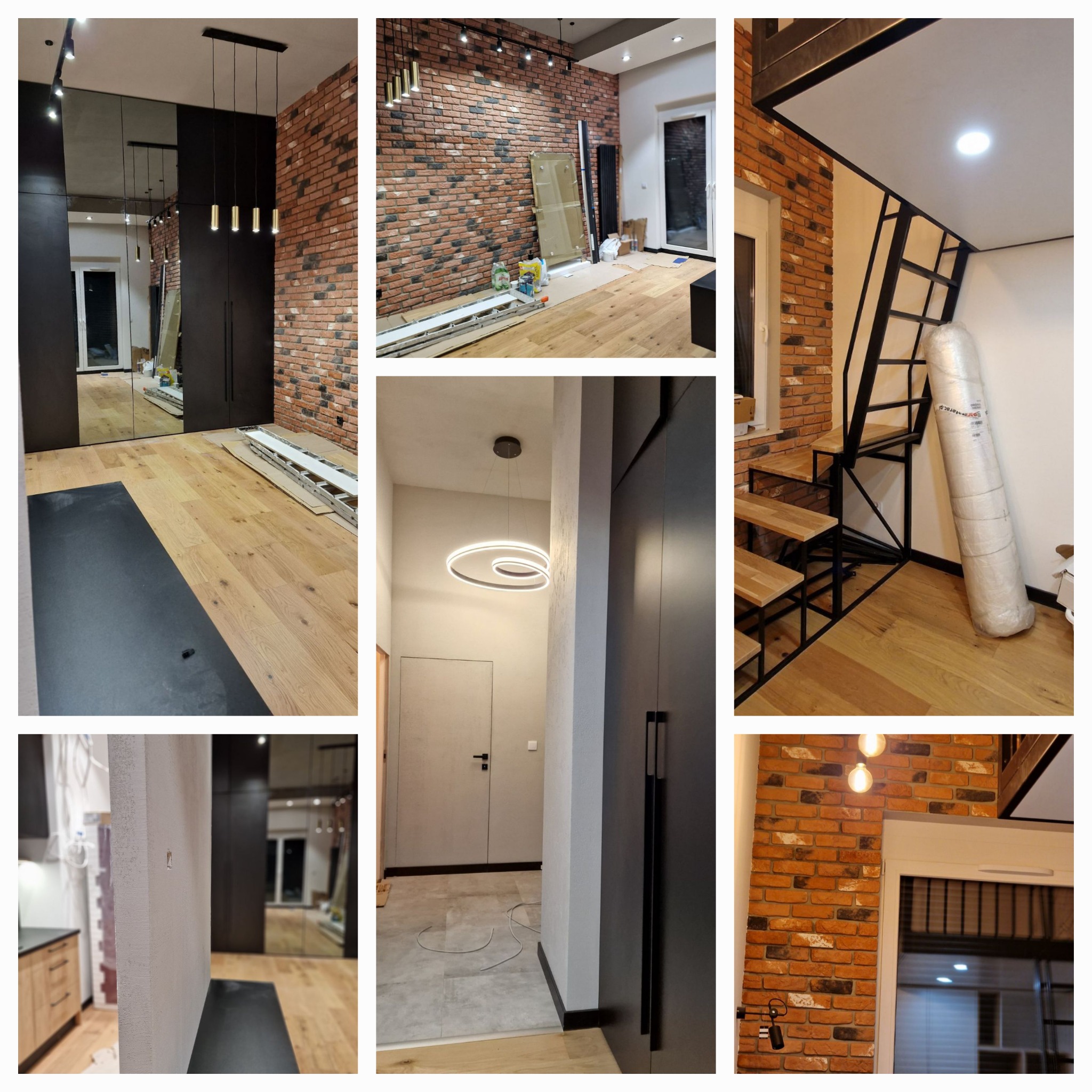 Kolaż zdjęć z wnętrza mieszkania w trakcie wykończenia: ściana z cegły klinkierowej, drewniana podłoga, czarne meble, nowoczesne oświetlenie, schody z metalową konstrukcją i drewnianymi stopniami...