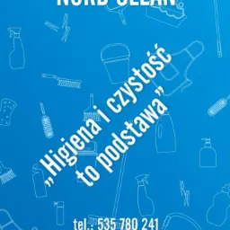 Grafika z logo 'Nord Clean' na niebieskim tle z ikonami środków czystości. Hasło: 'Higiena i czystość to podstawa'. Dane kontaktowe firmy.