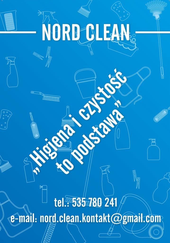 Grafika z logo 'Nord Clean' na niebieskim tle z ikonami środków czystości. Hasło: 'Higiena i czystość to podstawa'. Dane kontaktowe firmy.