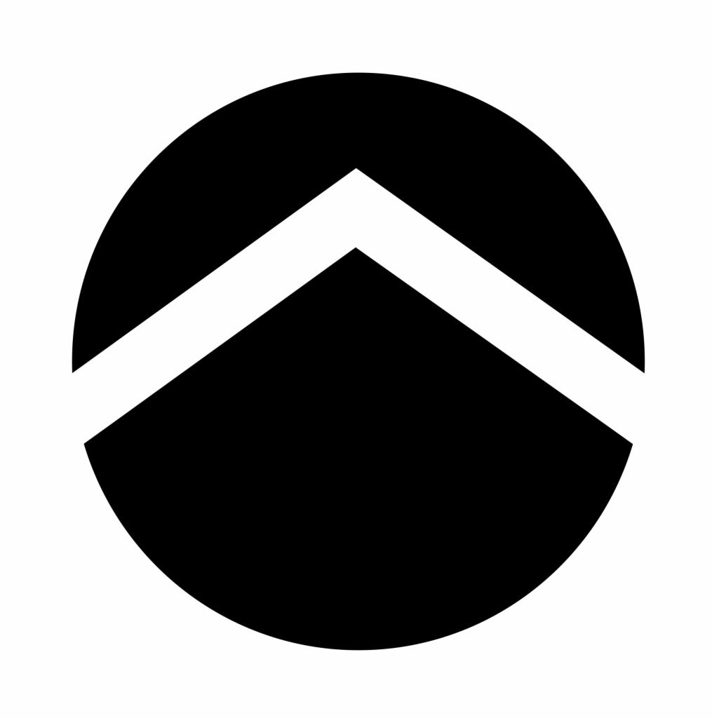 Abstrakcyjne logo w czerni i bieli: okrąg z białym symbolem strzałki skierowanej ku górze, tworzącym minimalistyczny, nowoczesny design.