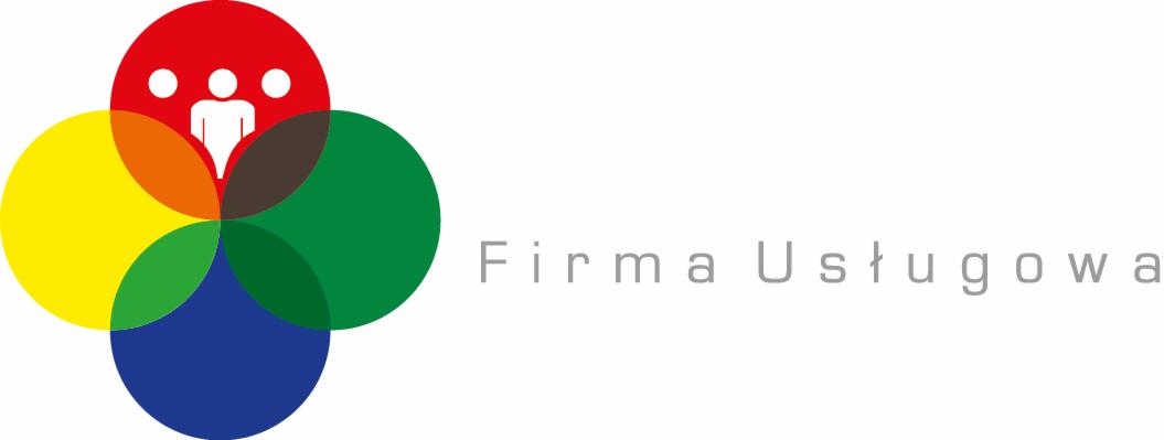 Logo firmy usługowej z abstrakcyjnym motywem złożonym z kolorowych kół i sylwetki ludzi w górnej części.